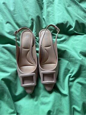 Women’s Slingback Mini Heel in Nude with Square Buckle